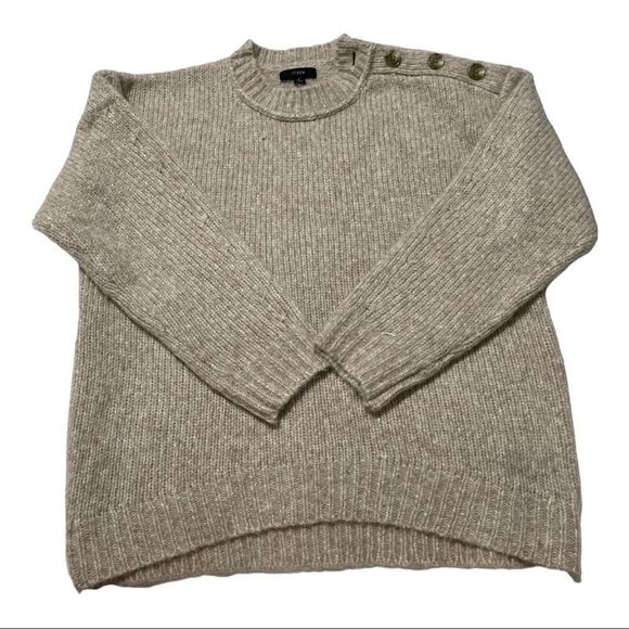 J. Crew Sweaters - Button Shoulder Heathered Crewneck Sweater NWOT Heather Oatmeal Small